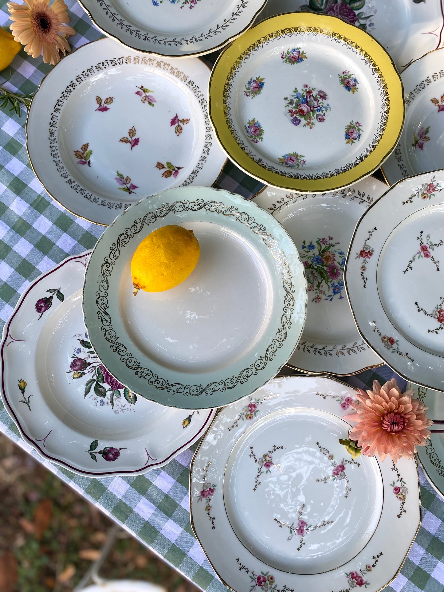 Douze assiettes anciennes en faïence et porcelaine, service dépareillé