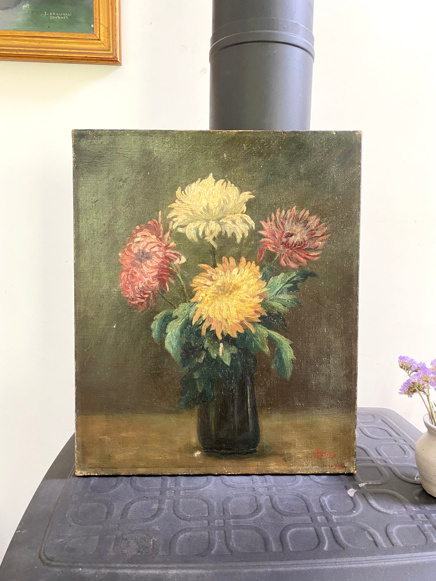 Brontie - Peinture Ancienne Huile sur Toile Fin XIXe – Nature Morte aux Chrysanthèmes