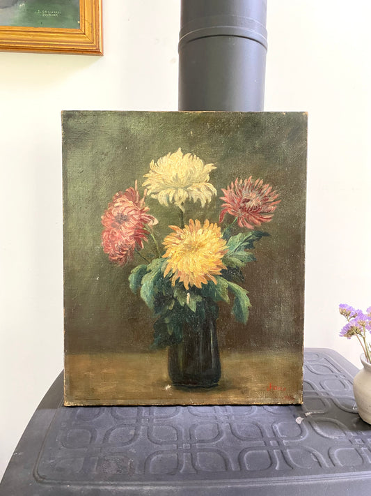 Peinture Ancienne Huile sur Toile Fin XIXe – Nature Morte aux Chrysanthèmes
