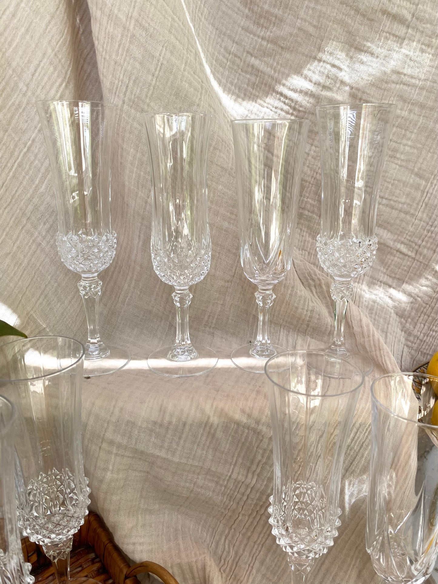 10 flûtes à champagne en cristal, pointes de diamant