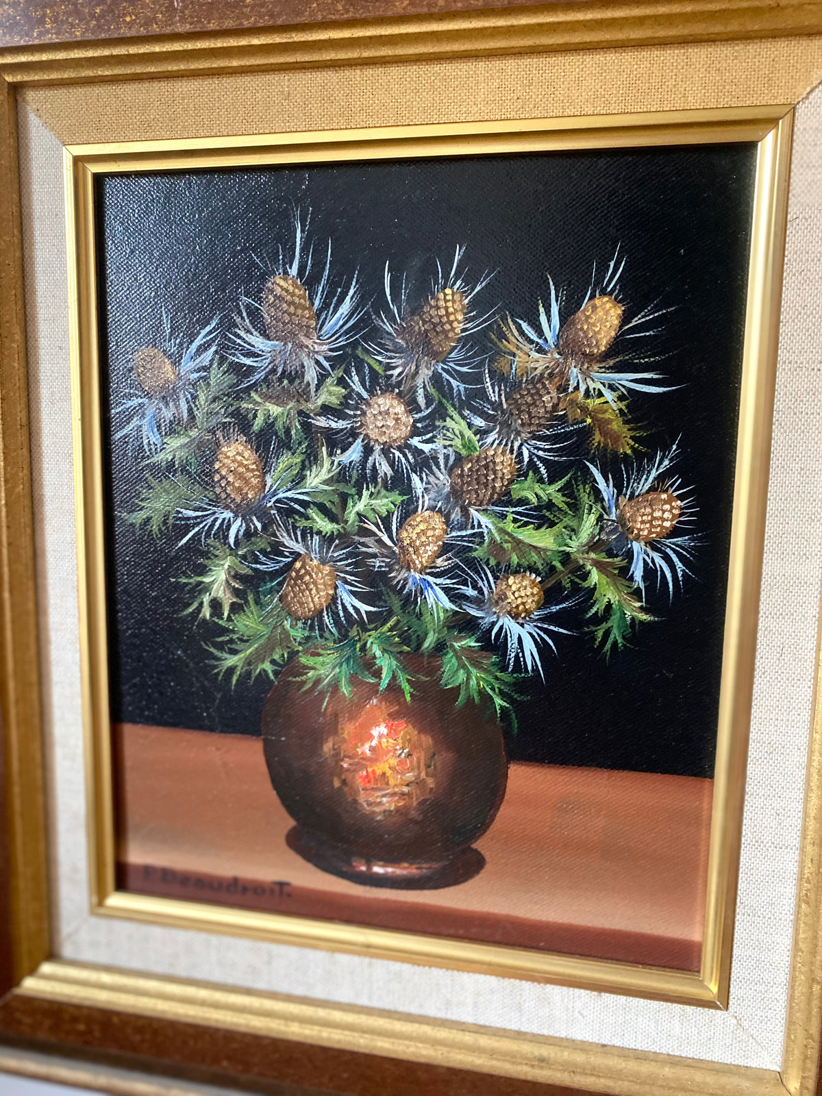 Nature morte aux chardons, huile sur toile signée P. Beaudroit, 1992
