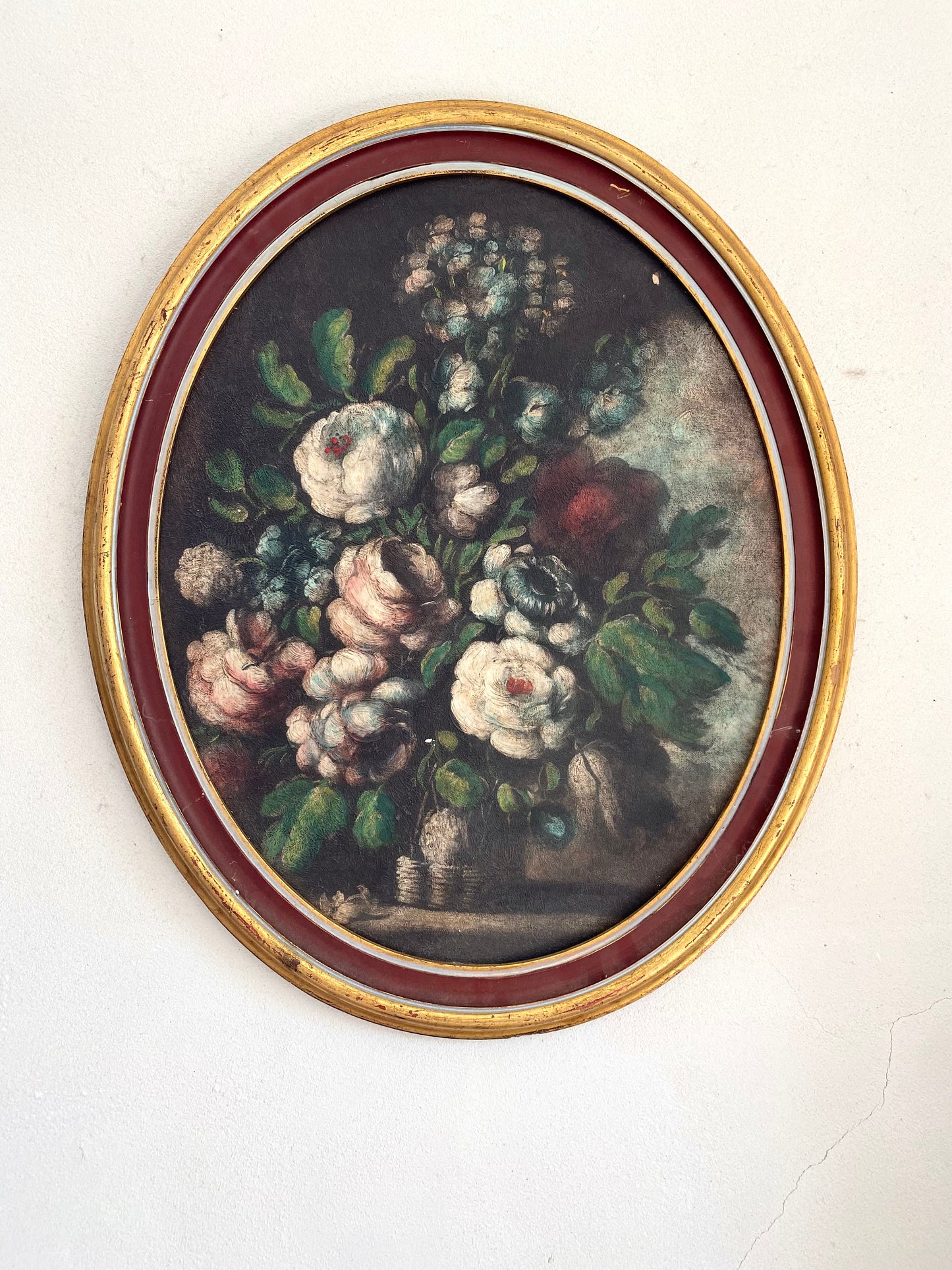 Tableau Ovale Nature Morte – Bouquet Floral – Style Flamand - XIXe