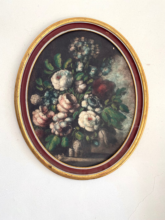 Tableau Ovale Nature Morte – Bouquet Floral – Style Flamand - XIXe