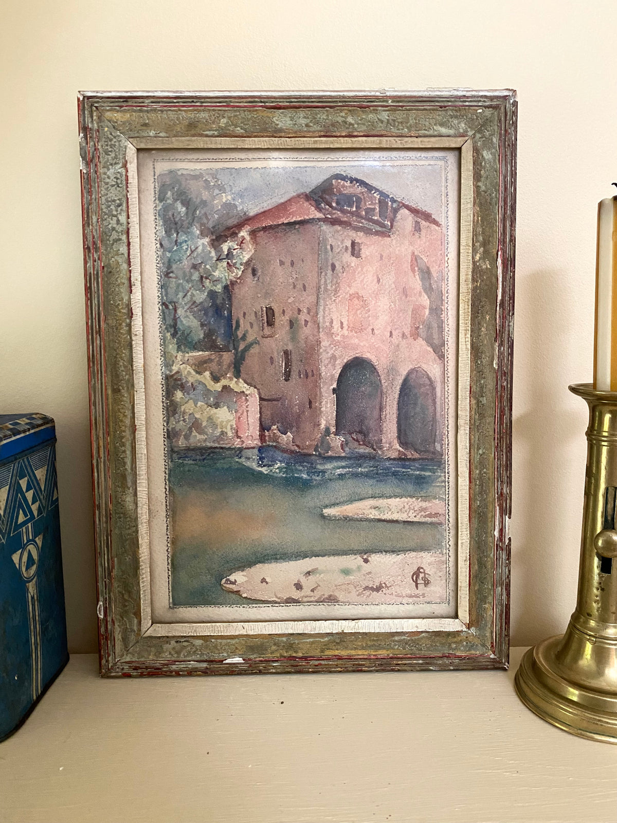 Aquarelle ancienne monogrammée, première moitié du XXe siècle