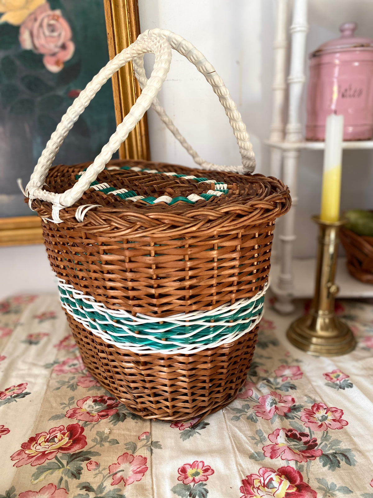 Panier Cabas Vintage en Osier et Scoubidou Vert & Blanc – Années 60