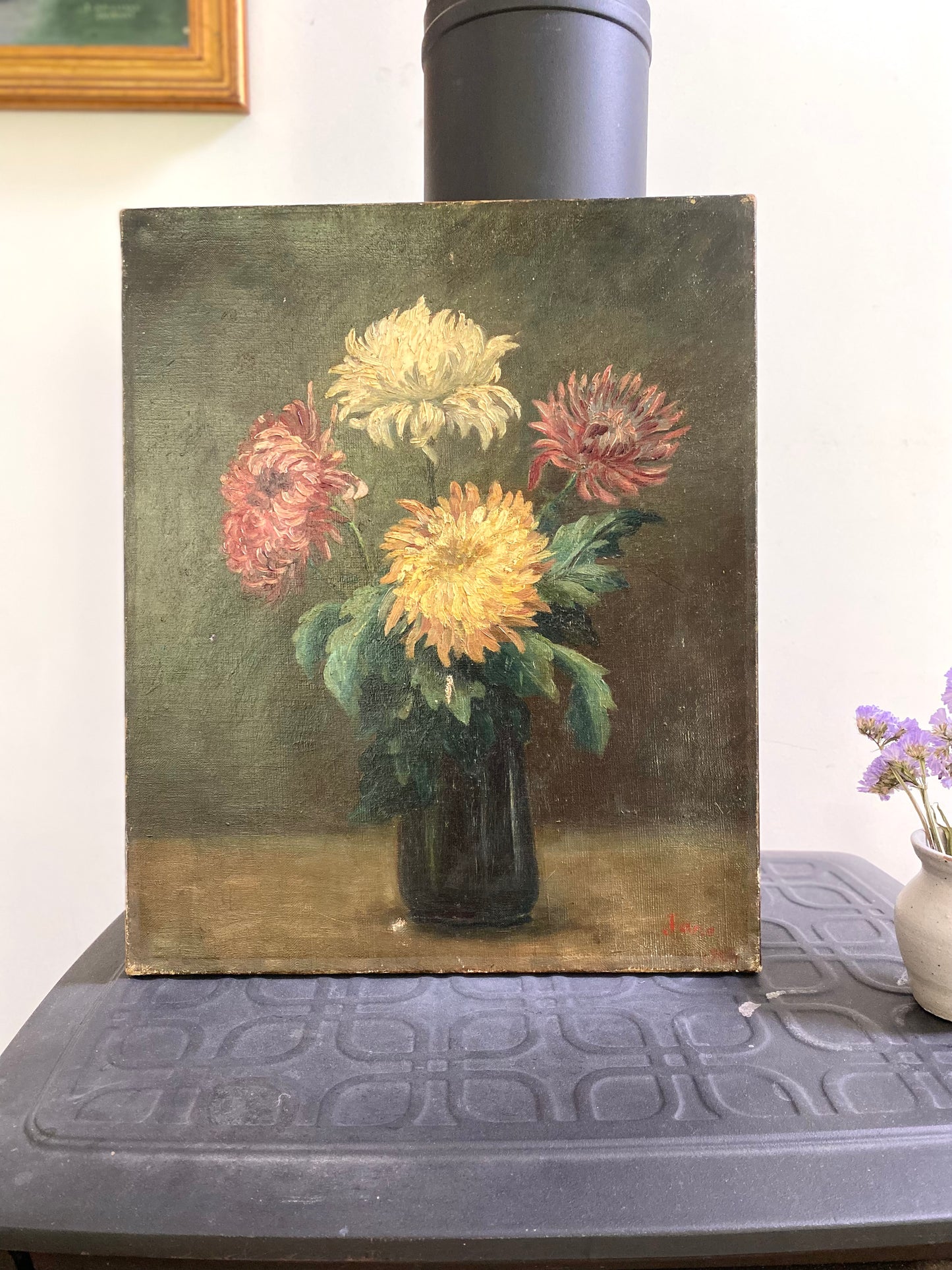 Brontie - Peinture Ancienne Huile sur Toile Fin XIXe – Nature Morte aux Chrysanthèmes