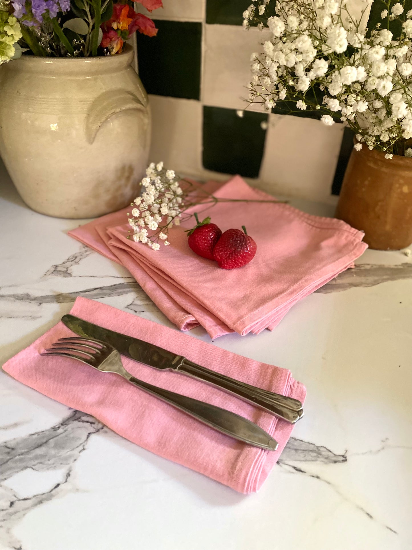 Lot de 8 Serviettes de Table "Rose Poudré" en coton ancien