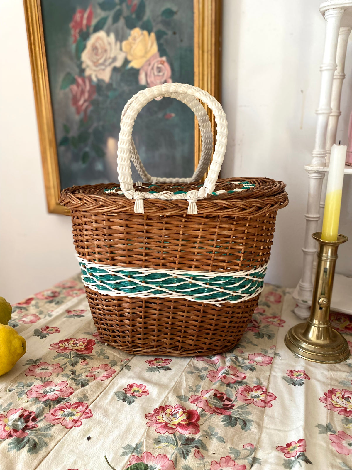 Panier Cabas Vintage en Osier et Scoubidou Vert & Blanc – Années 60