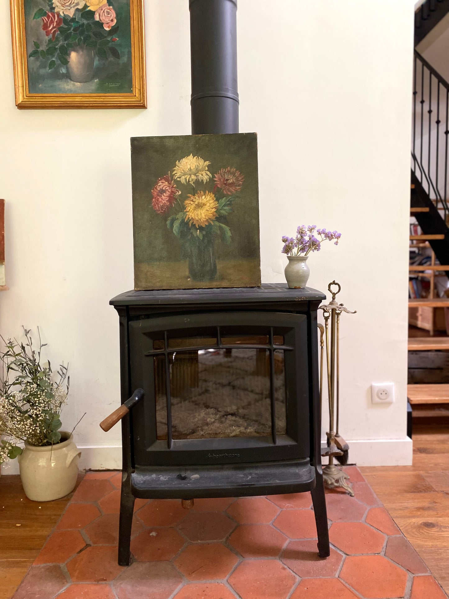 Brontie - Peinture Ancienne Huile sur Toile Fin XIXe – Nature Morte aux Chrysanthèmes