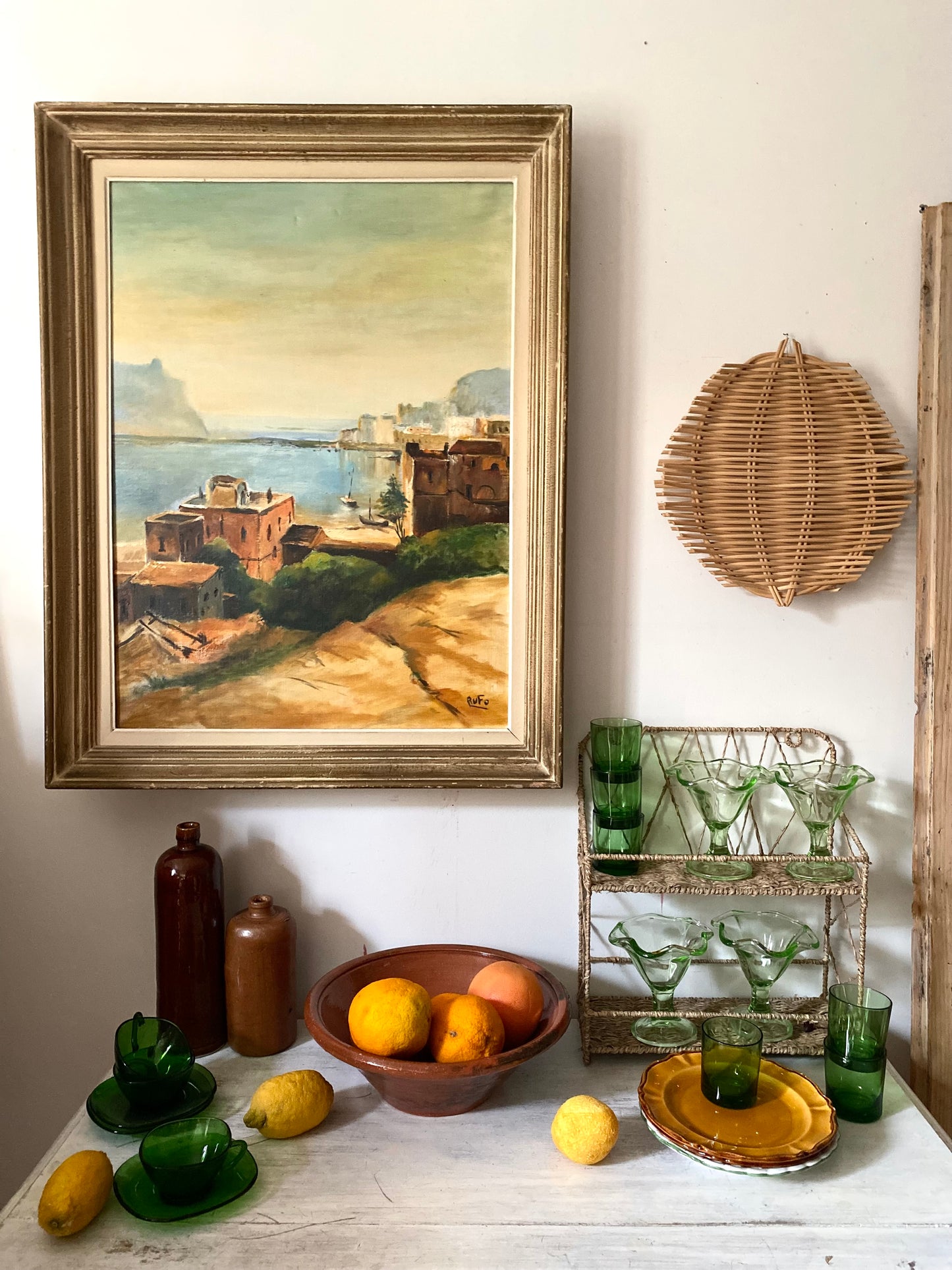 Huile sur toile ancienne, scène de port méditerranéen signée Rufo