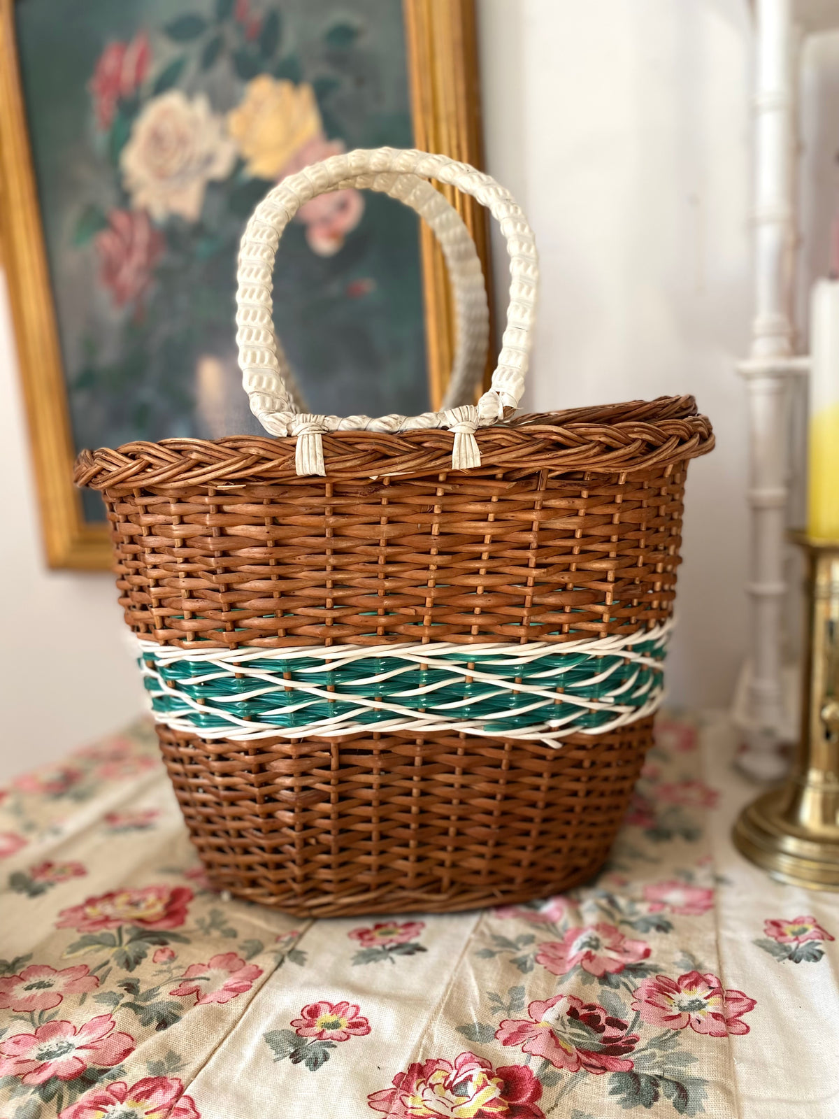 Panier Cabas Vintage en Osier et Scoubidou Vert & Blanc – Années 60