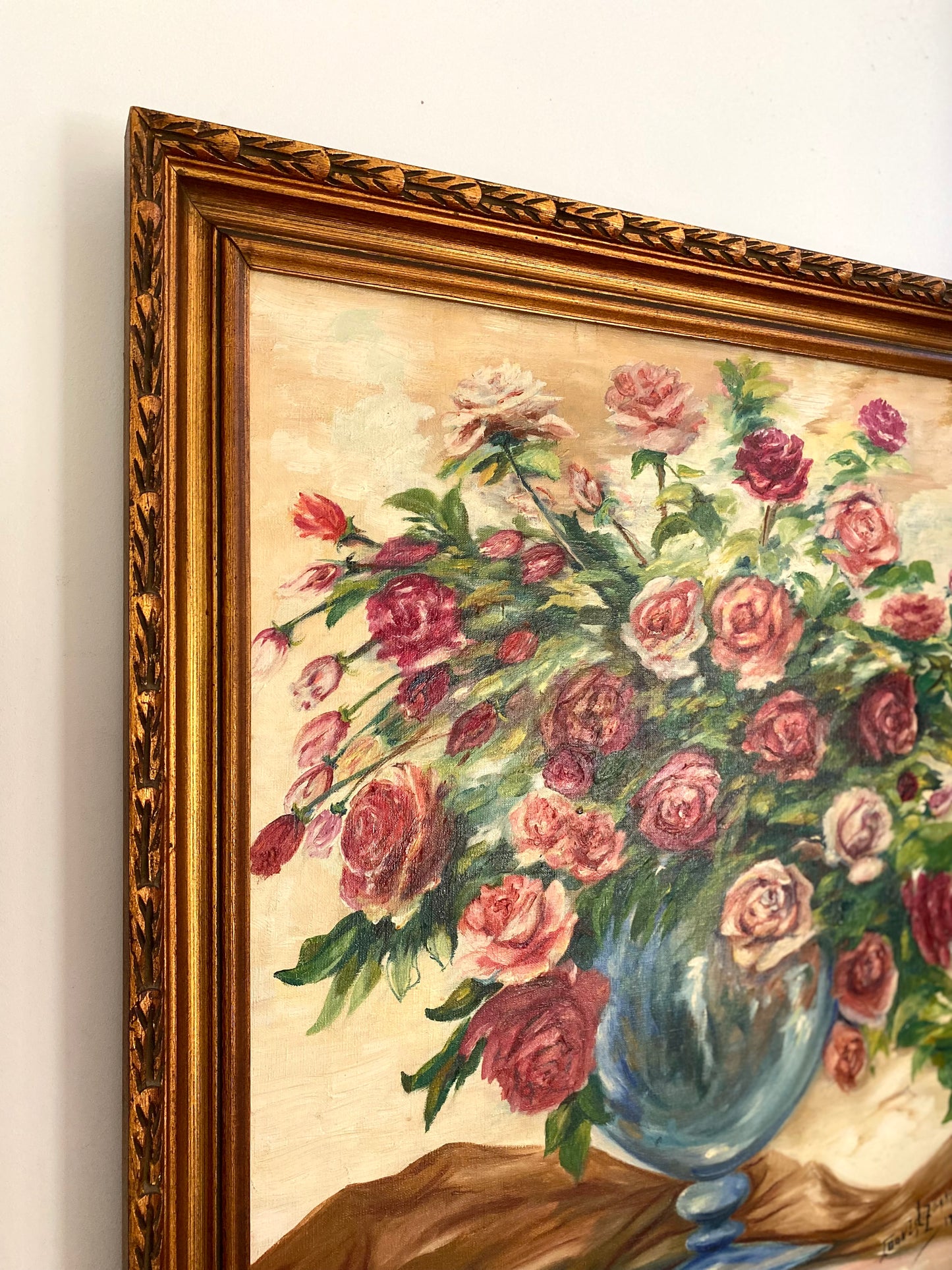 Grande Huile sur Toile "Bouquet de Roses" - Datée 1968 - Cadre Doré