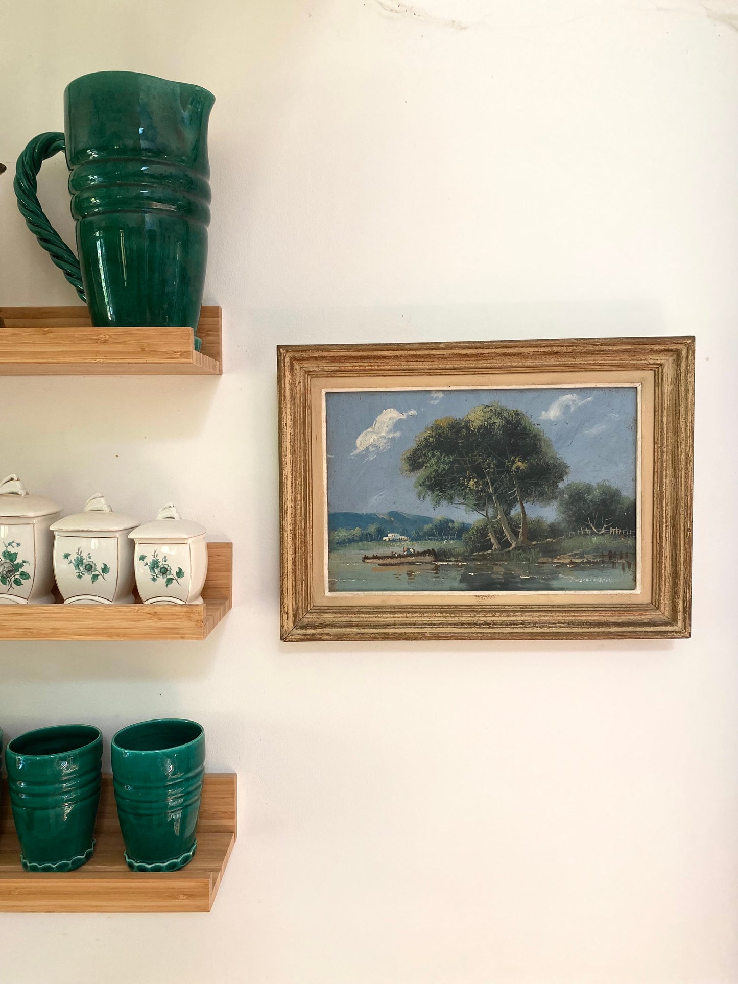 Tableau ancien : Paysage au bord de l'eau - Huile sur panneau