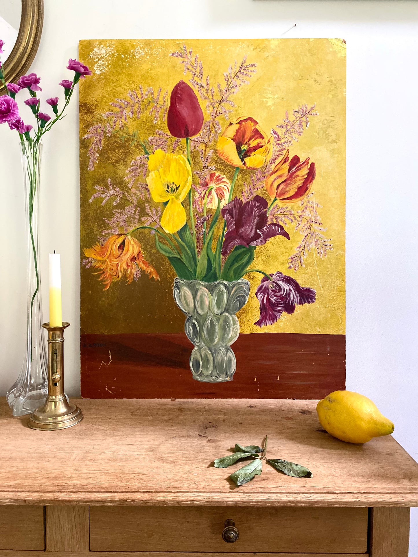 Bouquet de tulipes au fond doré — Huile sur panneau, 1977