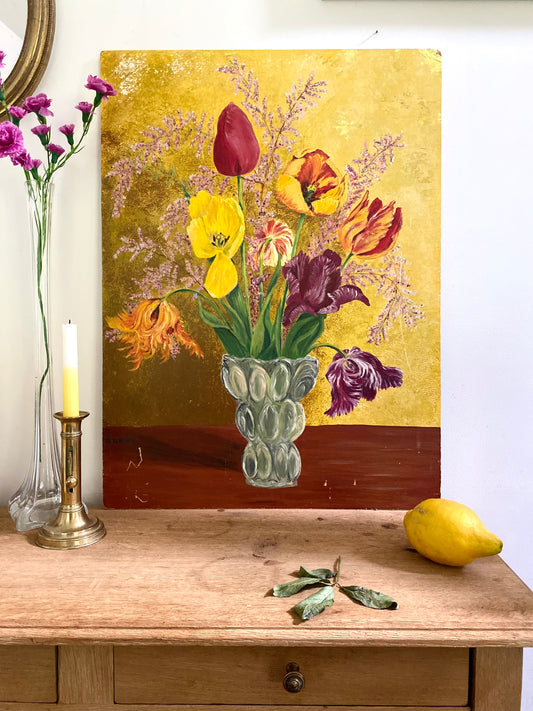 Bouquet de tulipes au fond doré — Huile sur panneau, 1977