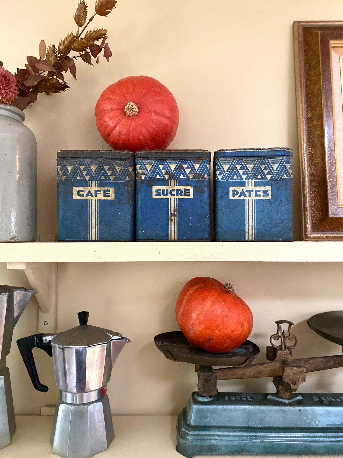 Boîtes Art déco "Café, Sucre, Pâtes" en tôle lithographiée bleue