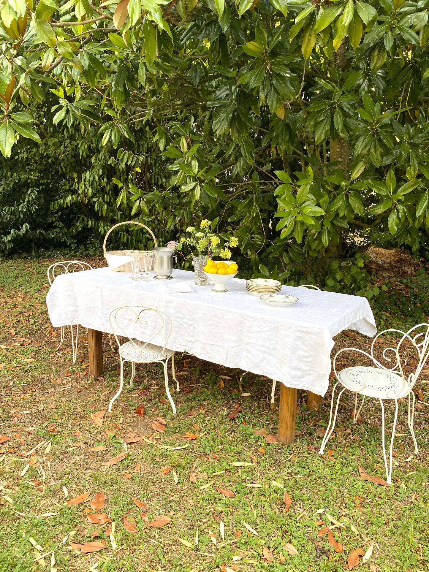 Service de table ancien en damassé blanc monogrammé début XXe siècle. Nappe 200x145 cm et 8 serviettes assorties