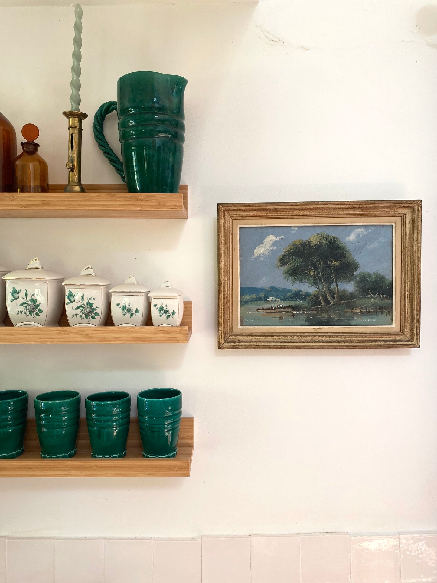 Tableau ancien : Paysage au bord de l'eau - Huile sur panneau