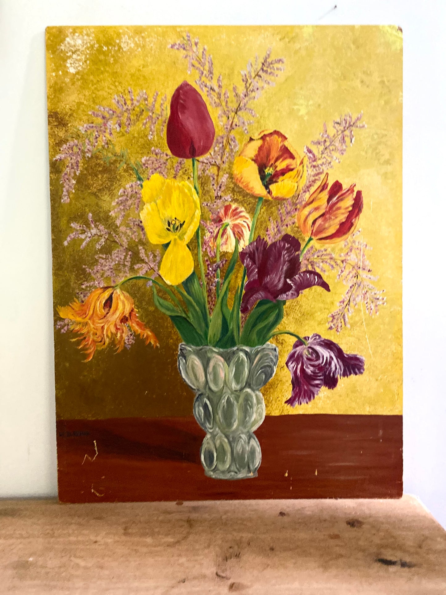 Bouquet de tulipes au fond doré — Huile sur panneau, 1977
