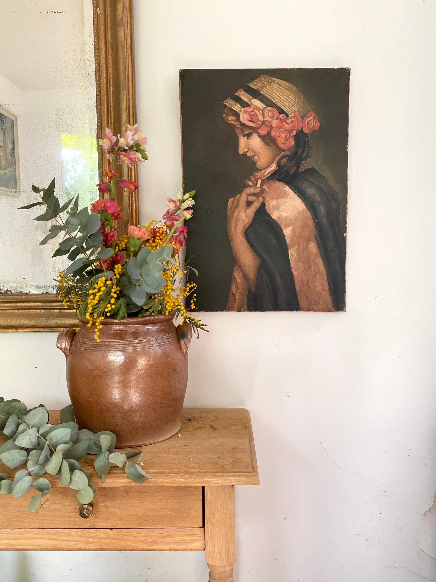 Portrait de jeune femme à la rose – Huile sur toile XIXe/XXe