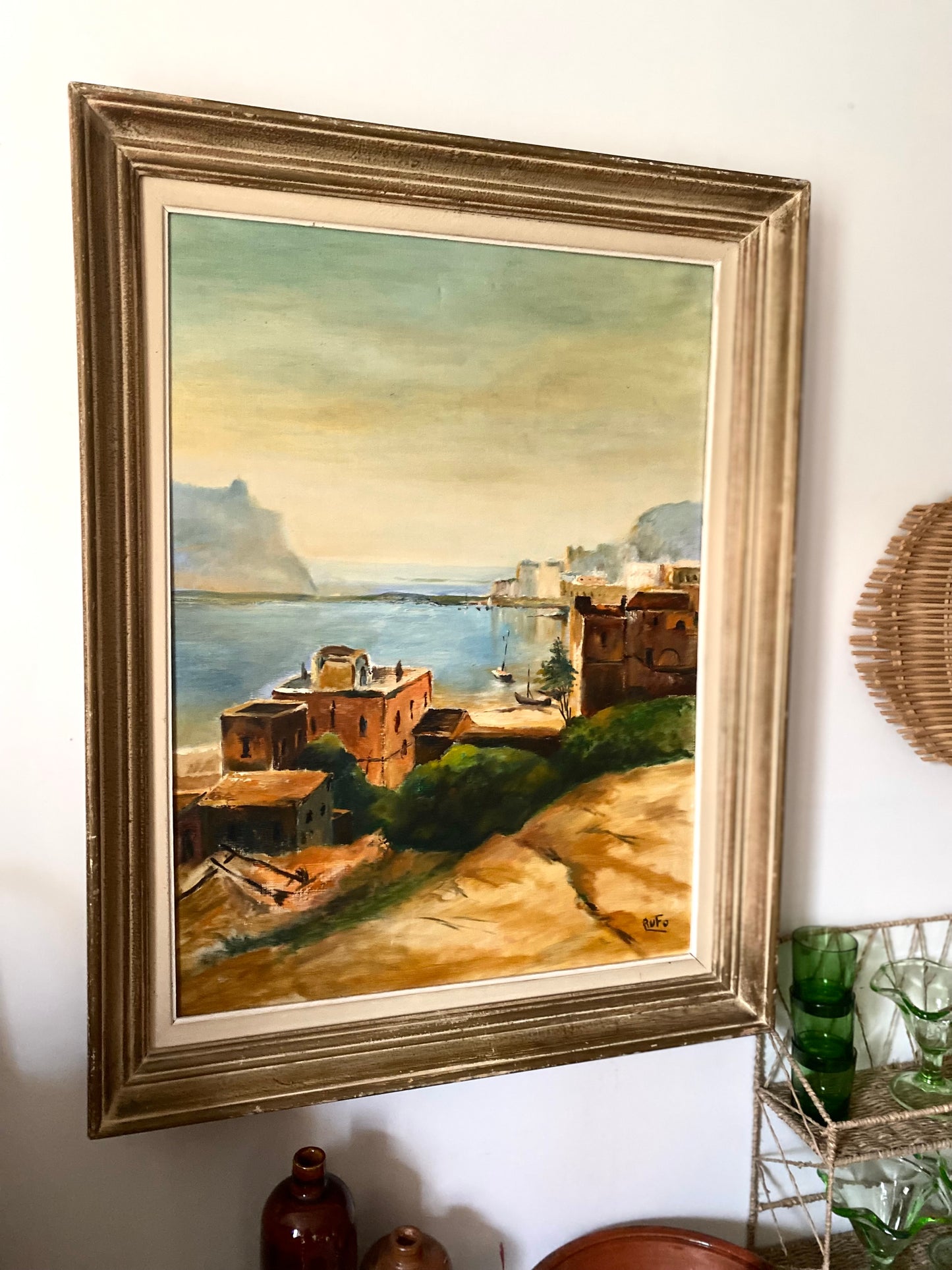 Huile sur toile ancienne, scène de port méditerranéen signée Rufo