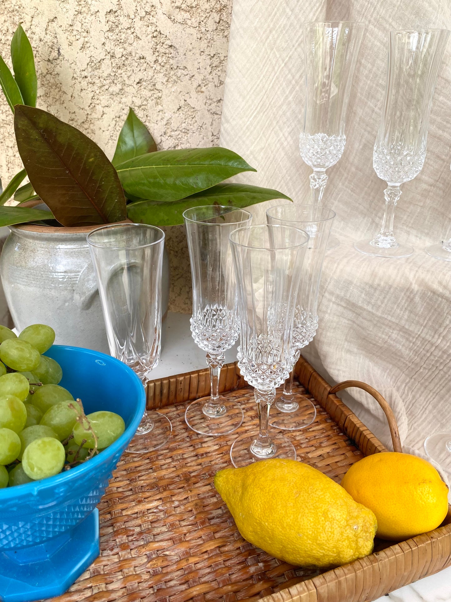 10 flûtes à champagne en cristal, pointes de diamant