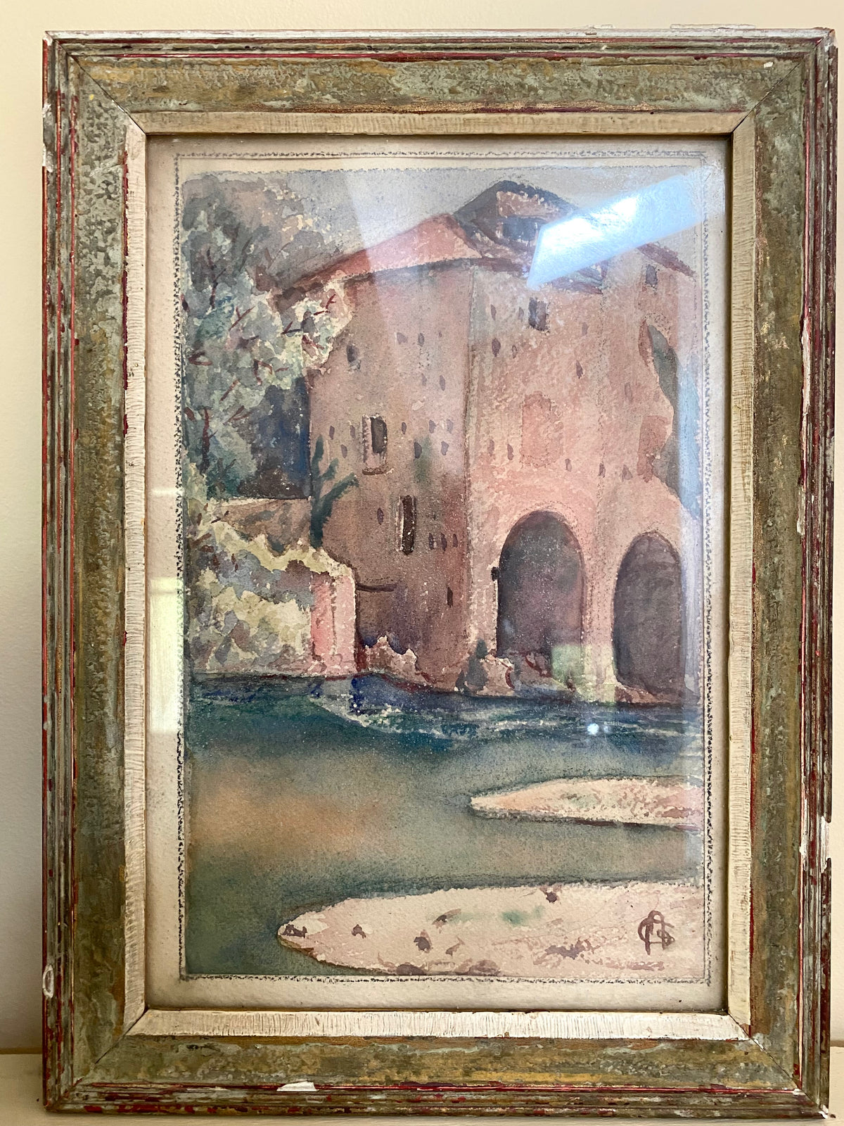 Aquarelle ancienne monogrammée, première moitié du XXe siècle