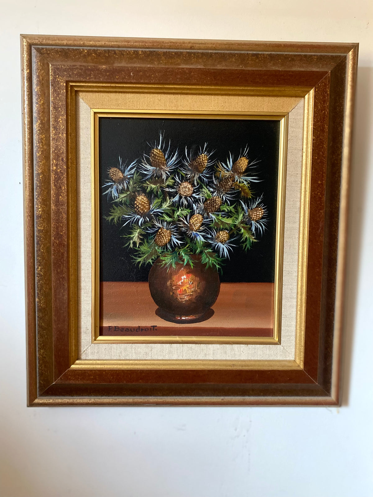 Nature morte aux chardons, huile sur toile signée P. Beaudroit, 1992