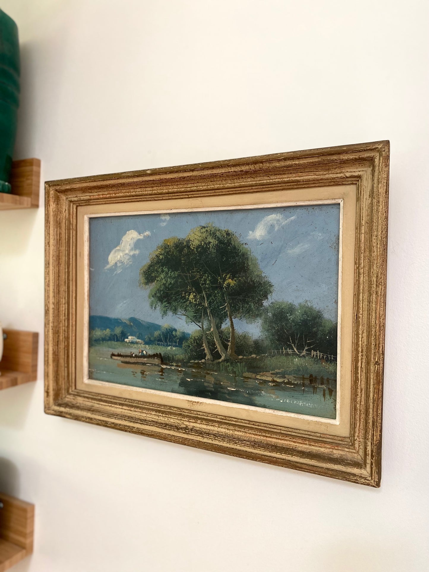 Tableau ancien : Paysage au bord de l'eau - Huile sur panneau