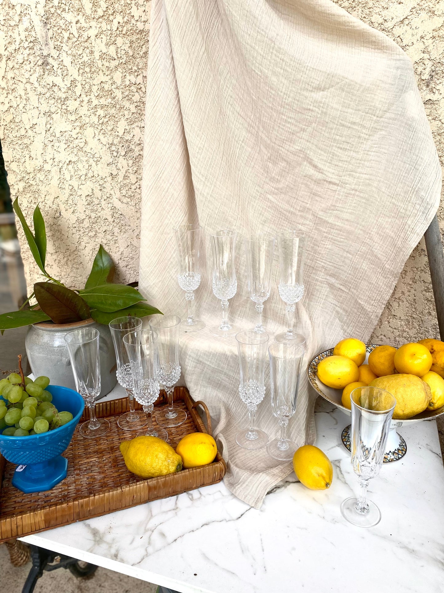 10 flûtes à champagne en cristal, pointes de diamant
