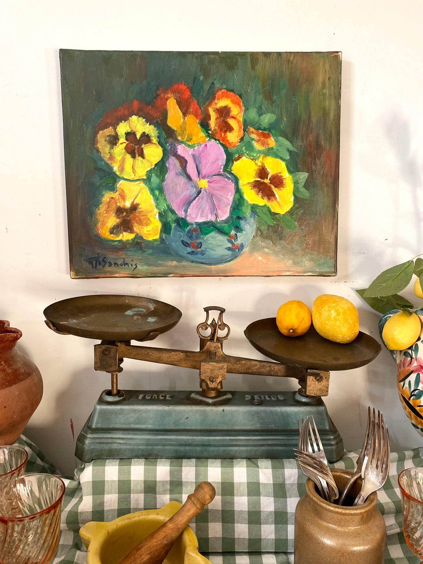 Huile sur toile vintage— Bouquet de pensées