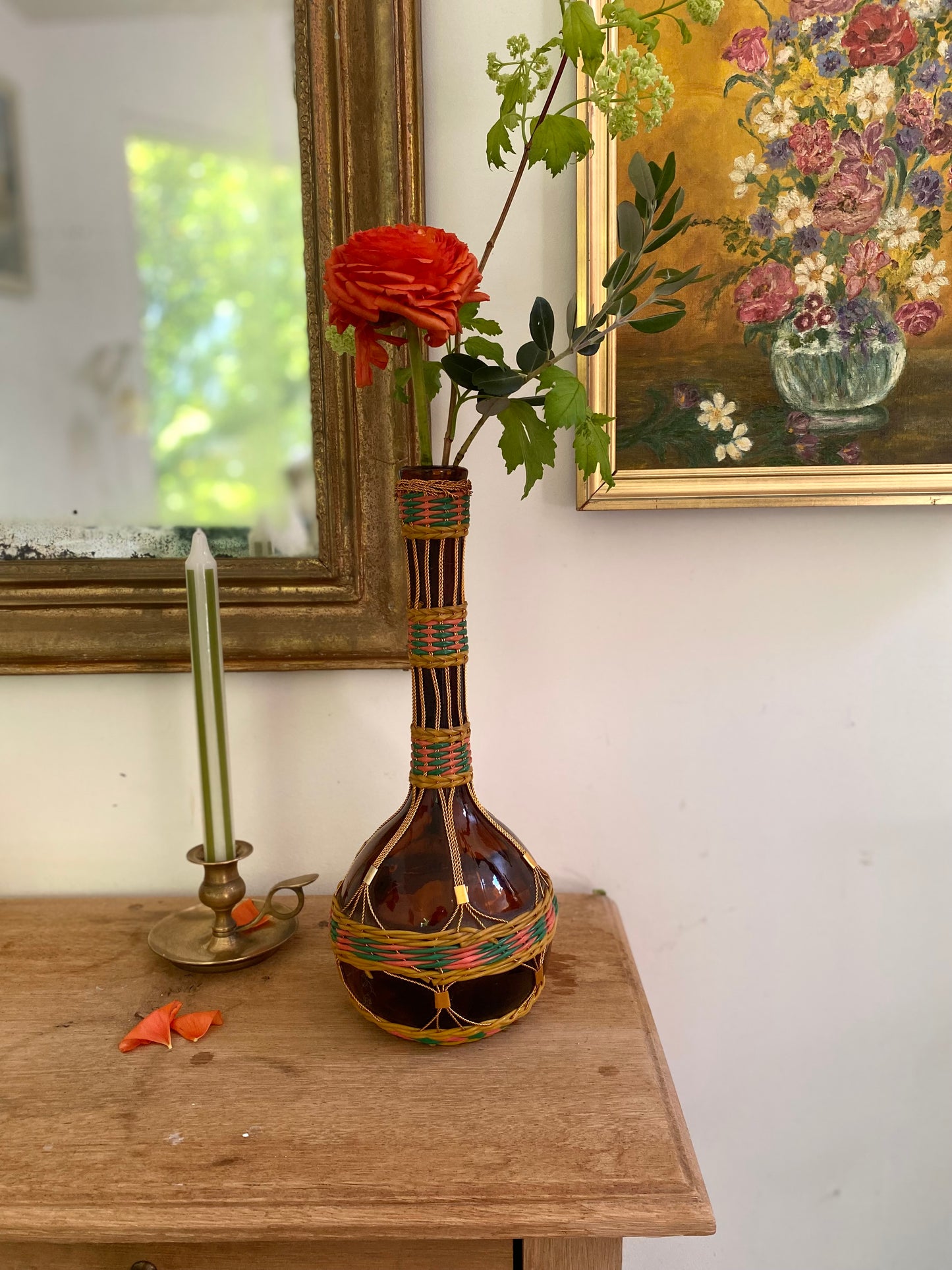 Carafe - Bouteille en Verre Ambré, Gainée de Osier et Scoubidou Tressé - Années 60/70
