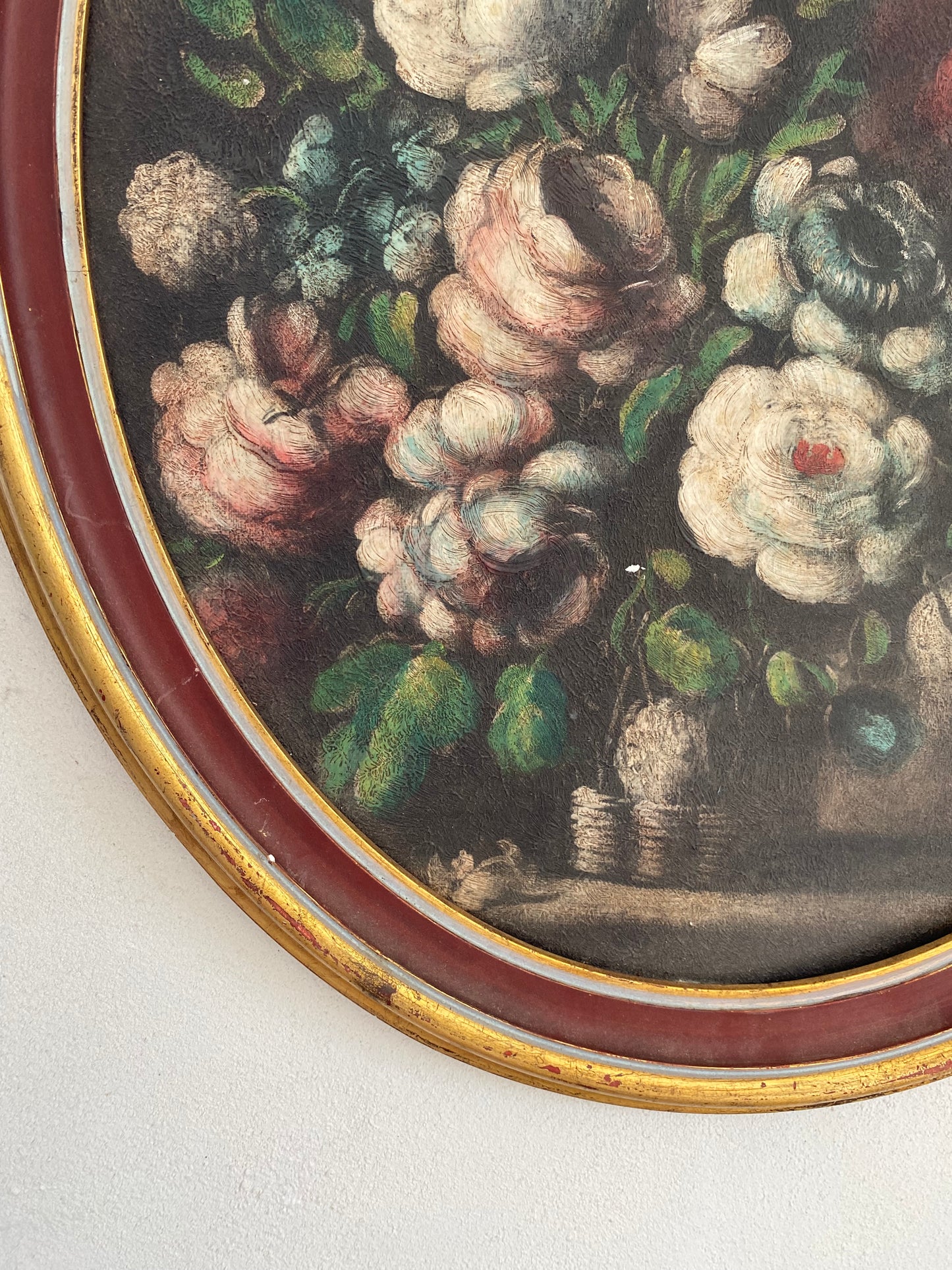 Tableau Ovale Nature Morte – Bouquet Floral – Style Flamand - XIXe