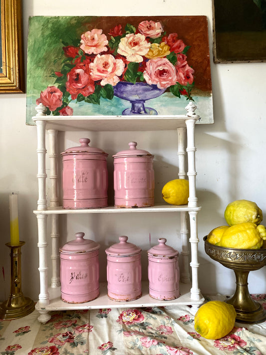 Rare Série de 5 Pots de Cuisine Anciens – Rose Poudré