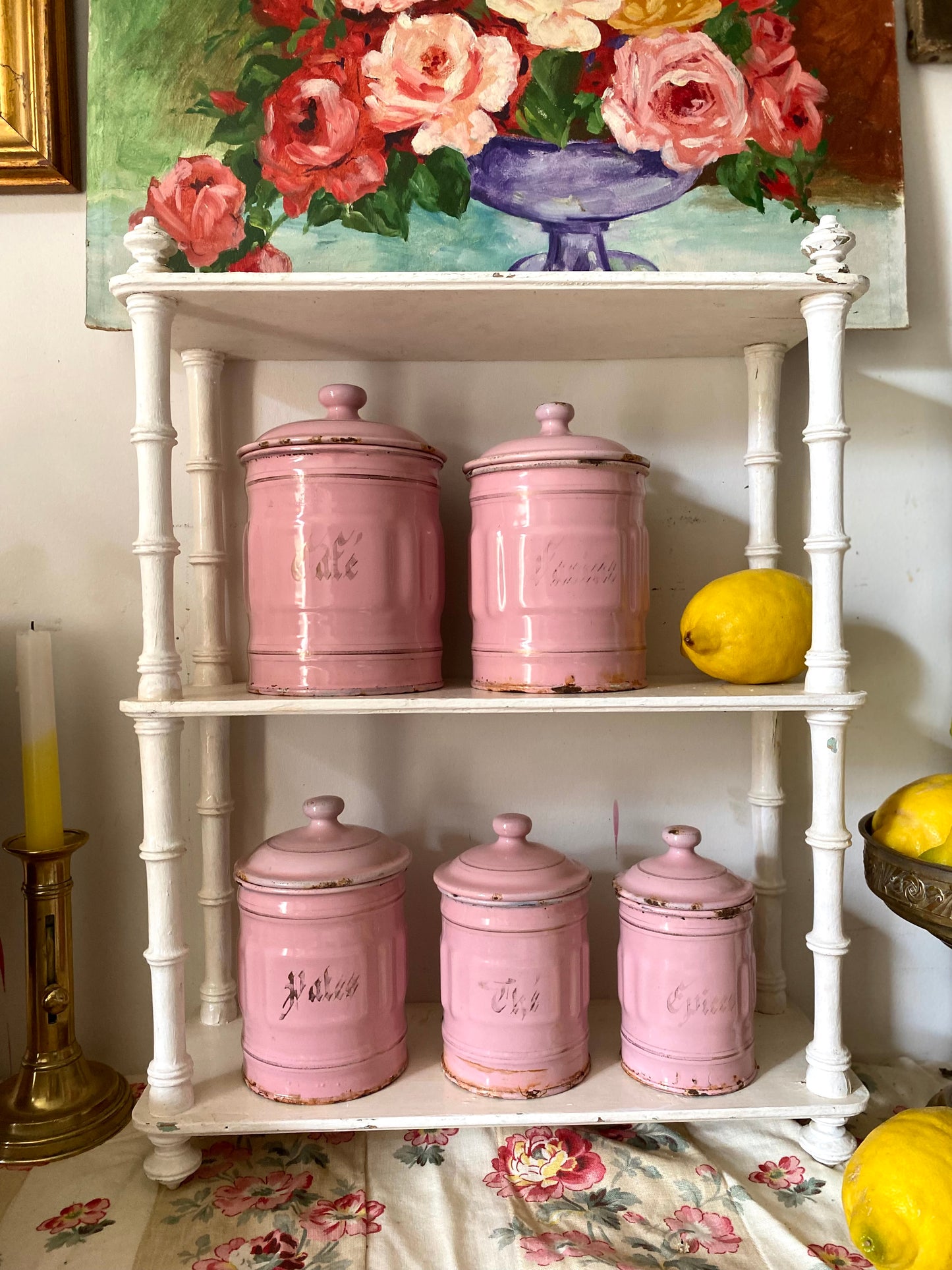 Rare Série de 5 Pots de Cuisine Anciens – Rose Poudré