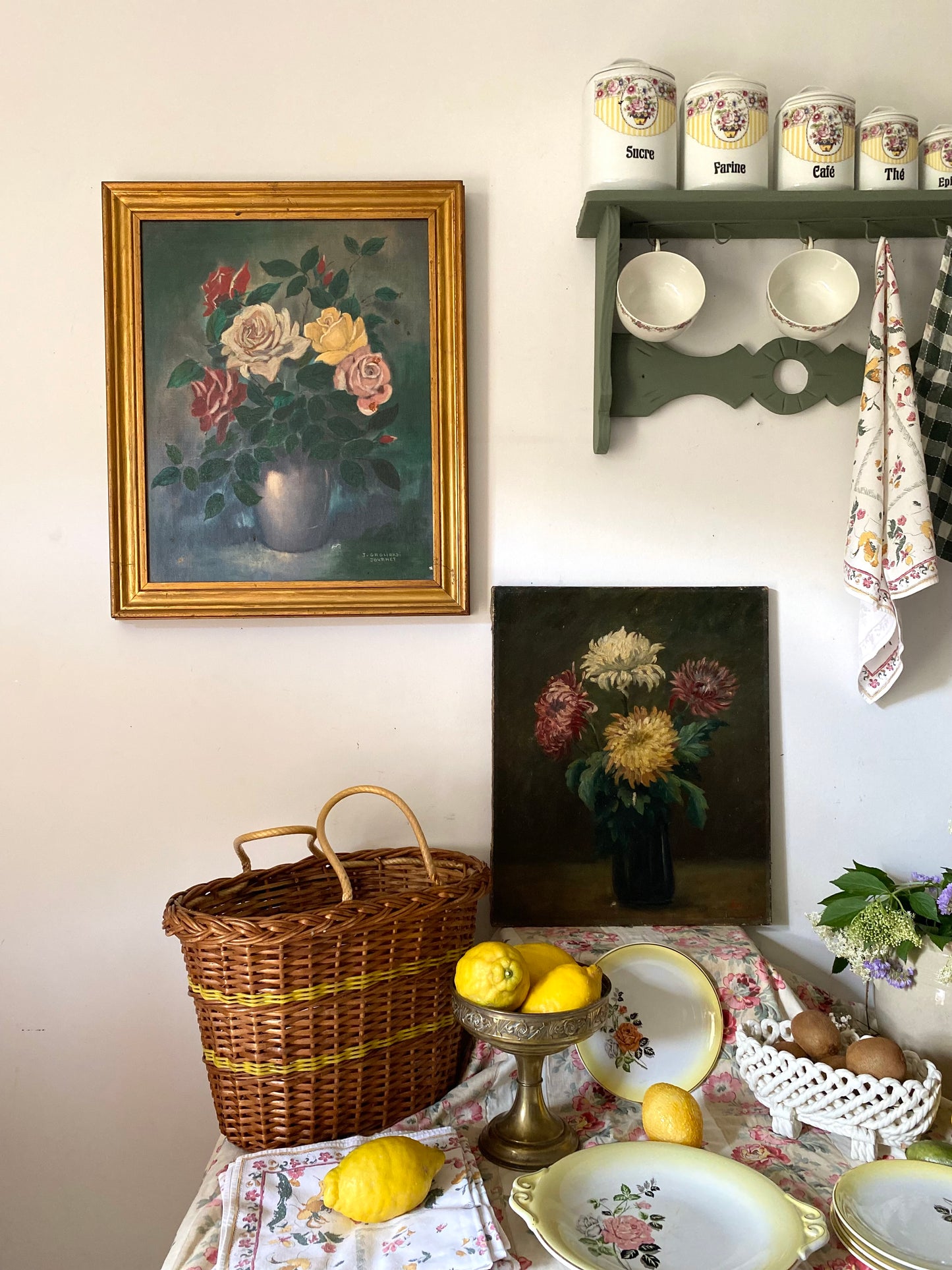 Tableau Ancien "Nature Morte aux Roses" – 1950