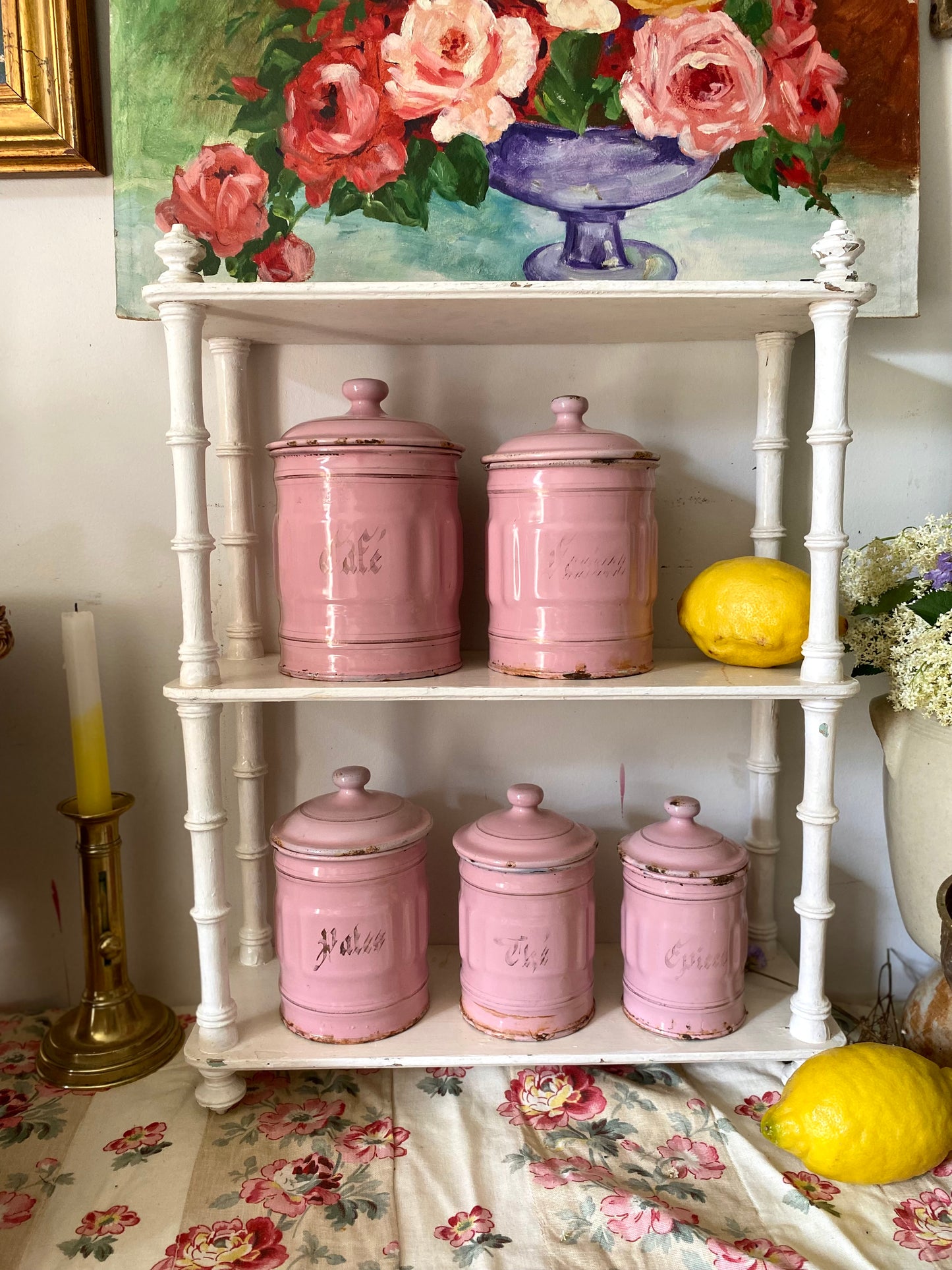 Rare Série de 5 Pots de Cuisine Anciens – Rose Poudré