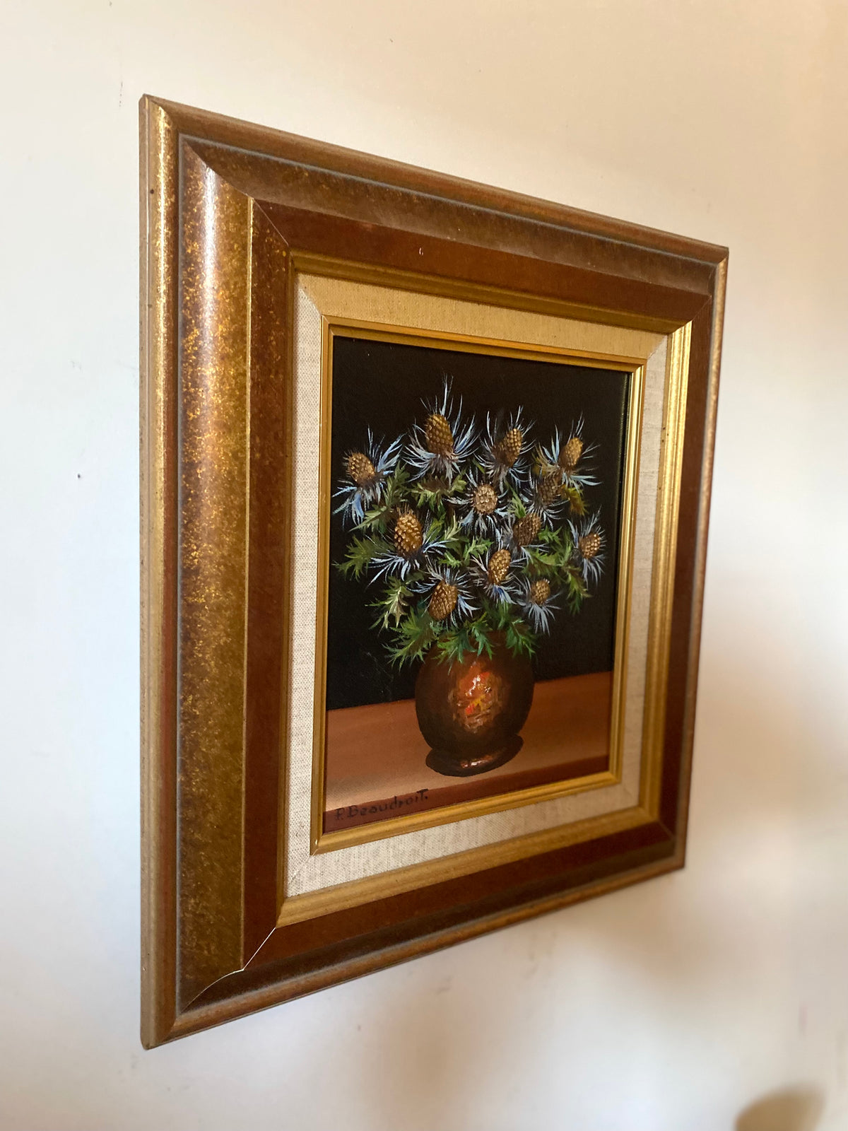 Nature morte aux chardons, huile sur toile signée P. Beaudroit, 1992