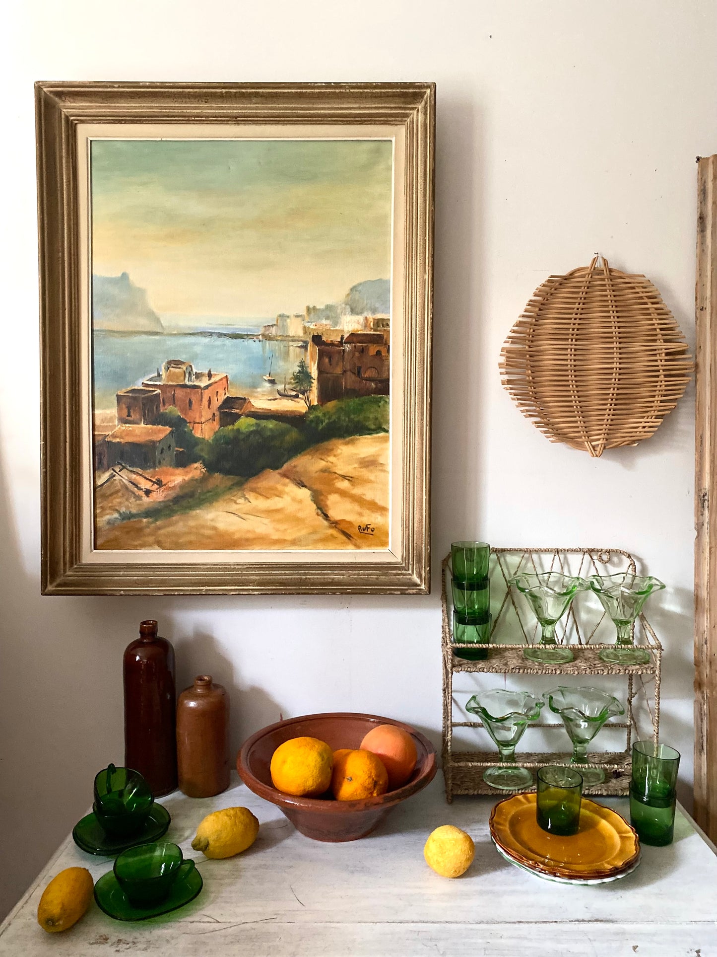 Huile sur toile ancienne, scène de port méditerranéen signée Rufo