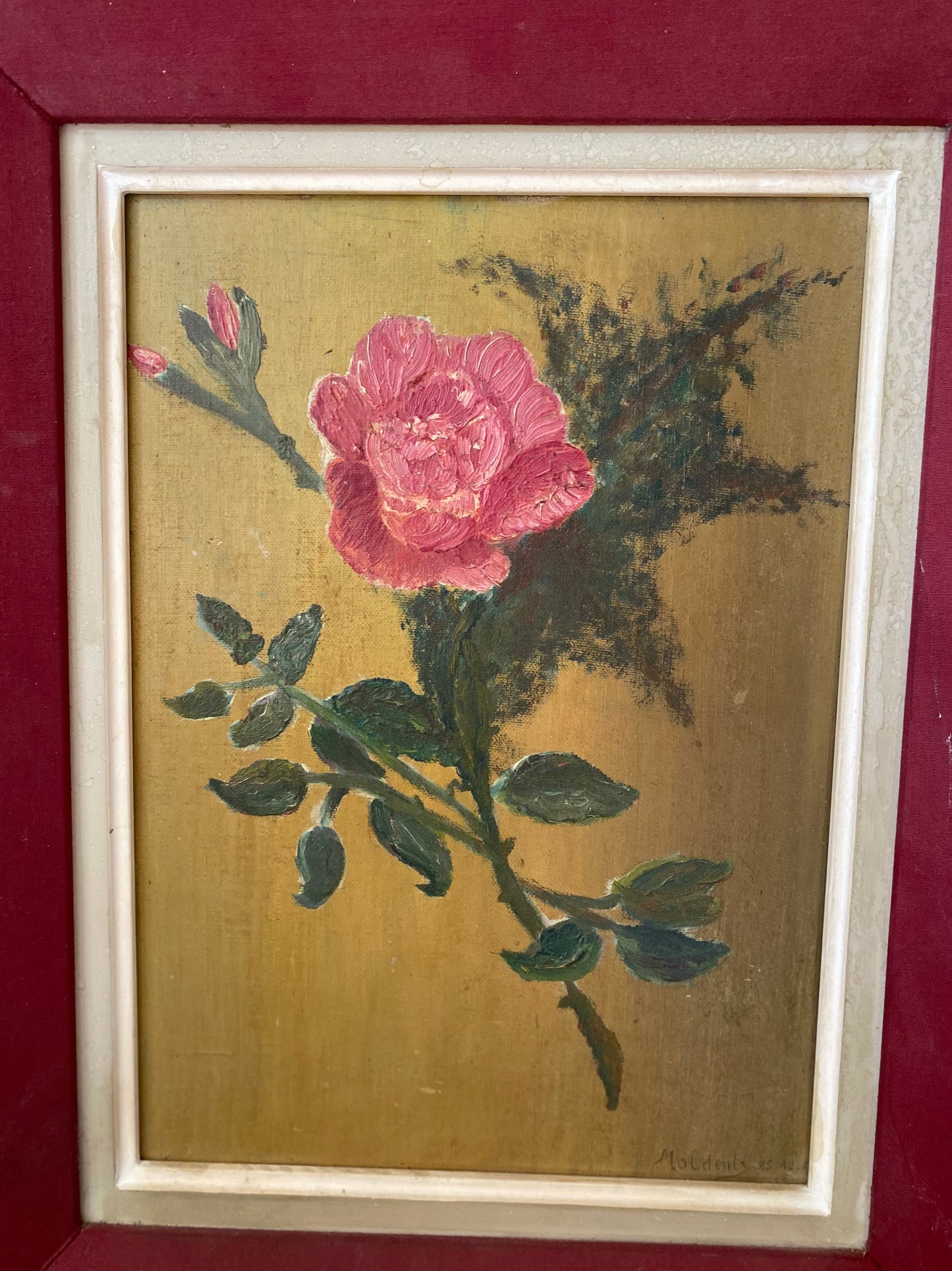Huile sur panneau ancienne, rose sur fond doré