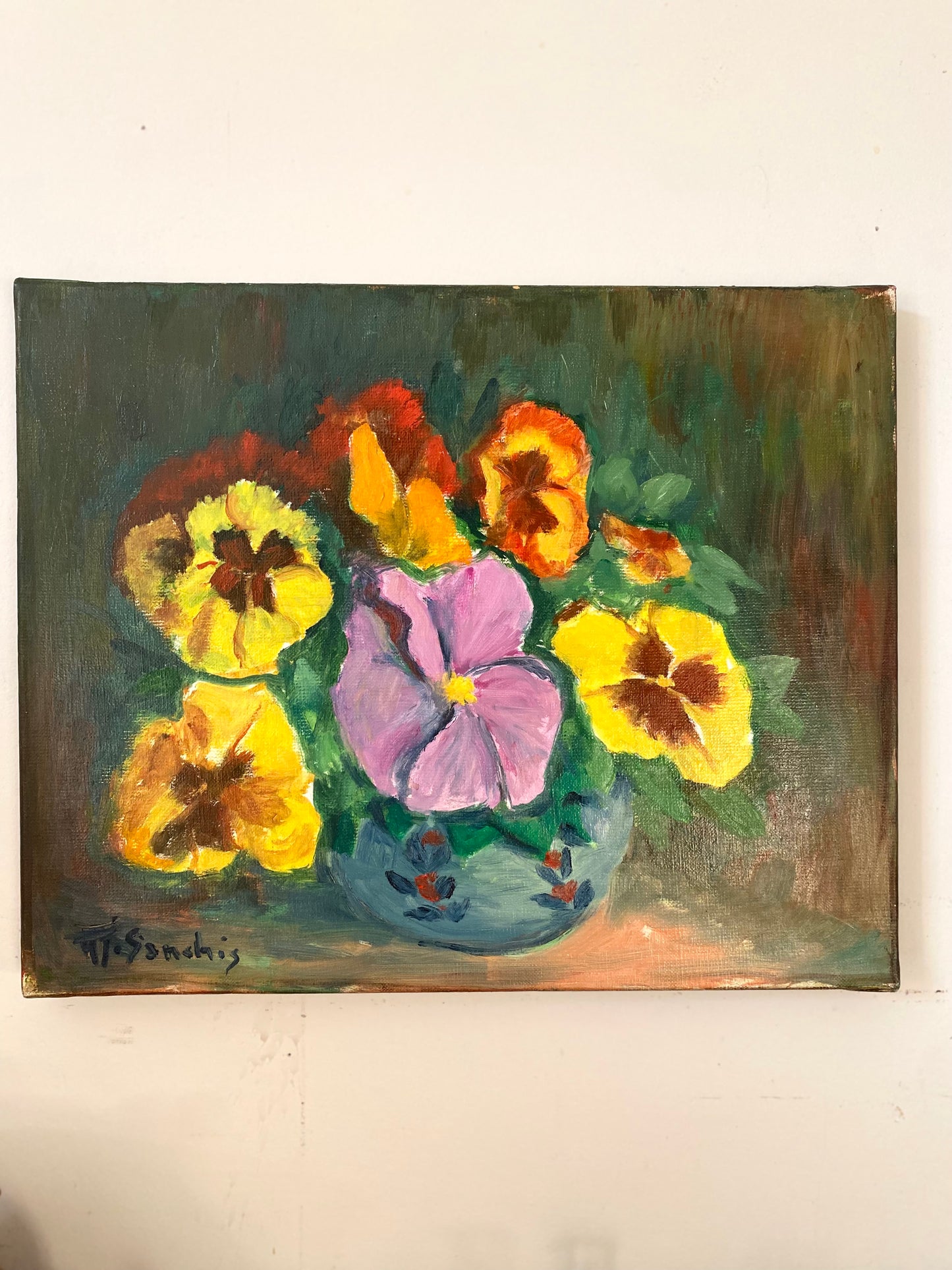 Huile sur toile vintage— Bouquet de pensées