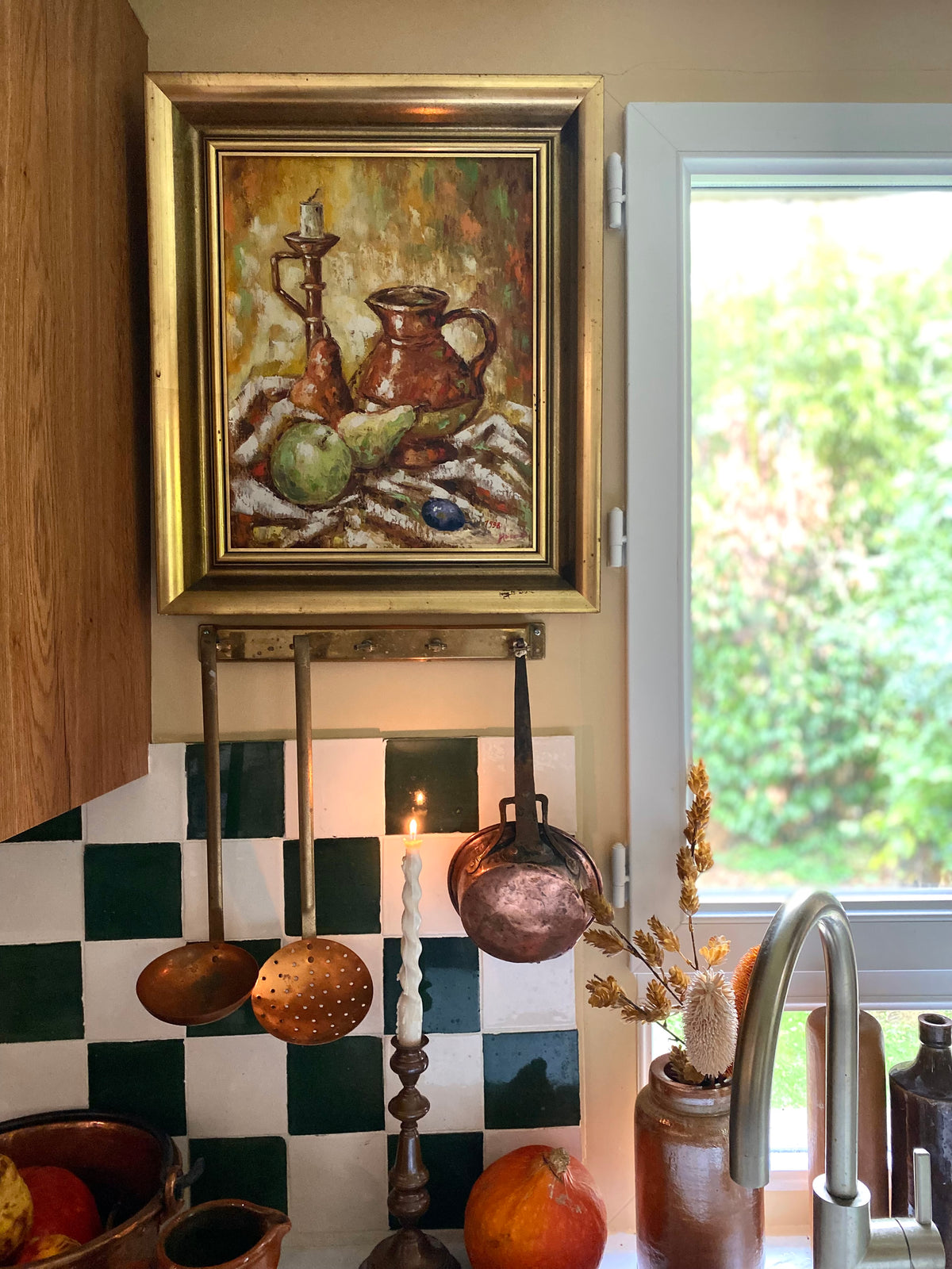 Louche et écumoire en cuivre et laiton, manche long