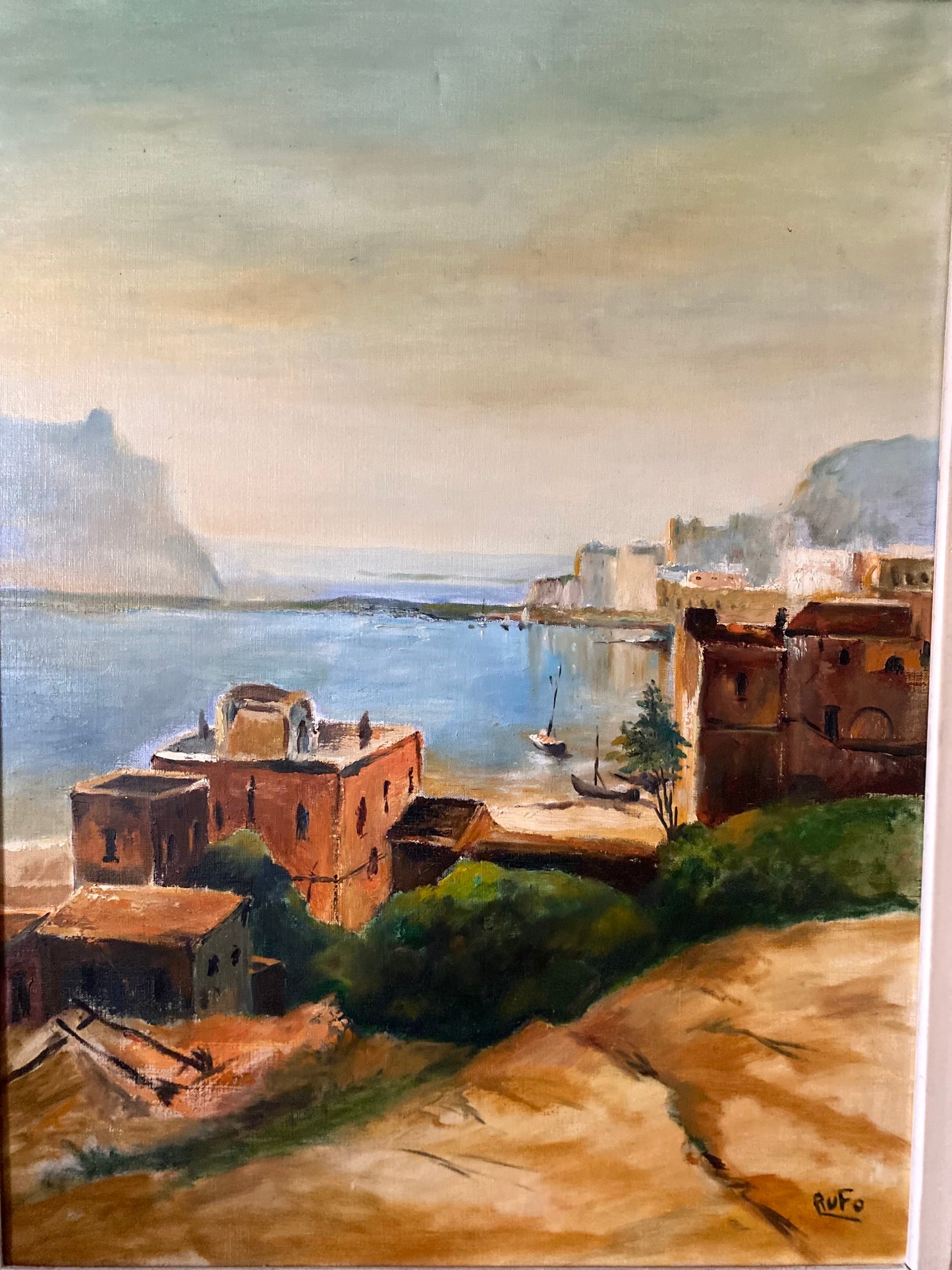 Huile sur toile ancienne, scène de port méditerranéen signée Rufo
