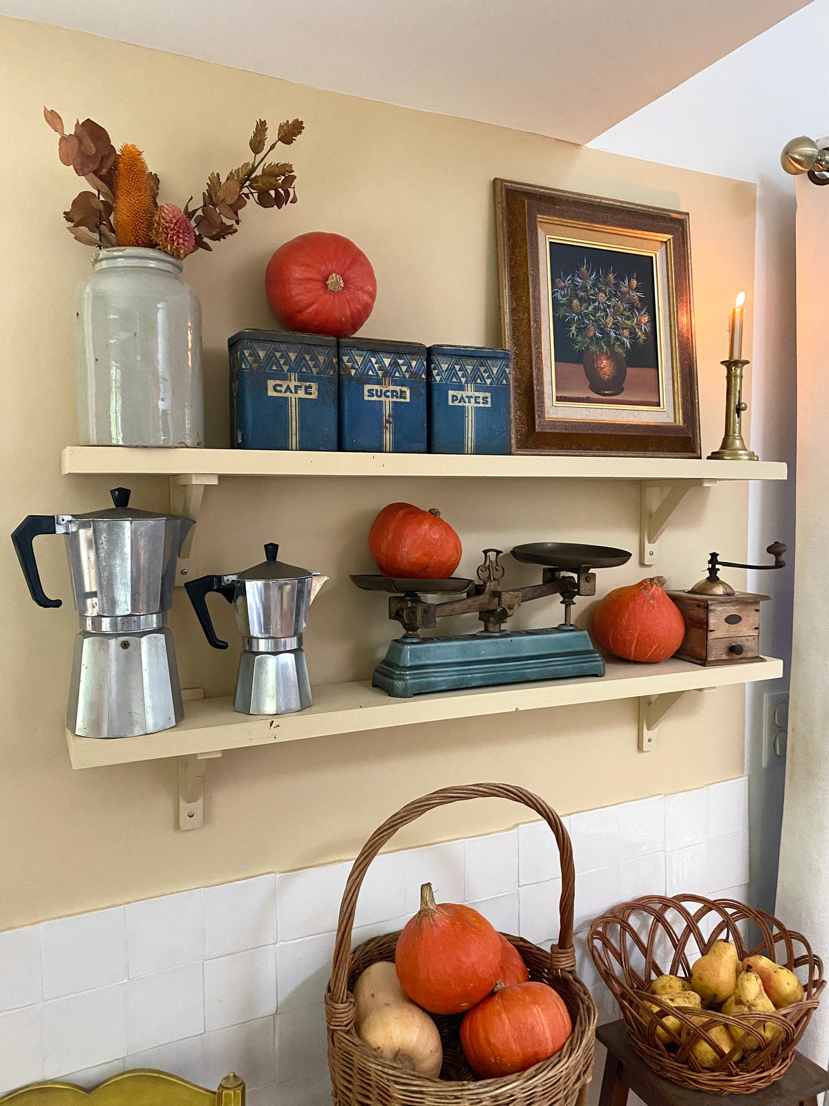 Boîtes Art déco "Café, Sucre, Pâtes" en tôle lithographiée bleue