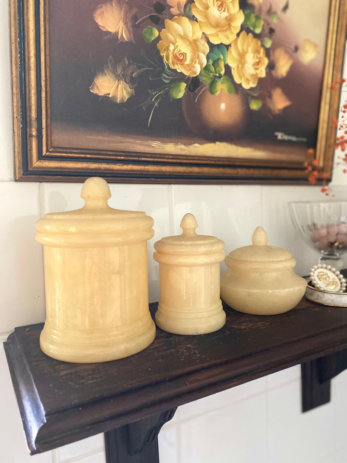 Ensemble de toilette Vintage en Albâtre véritable – 4 pièces – Années 70