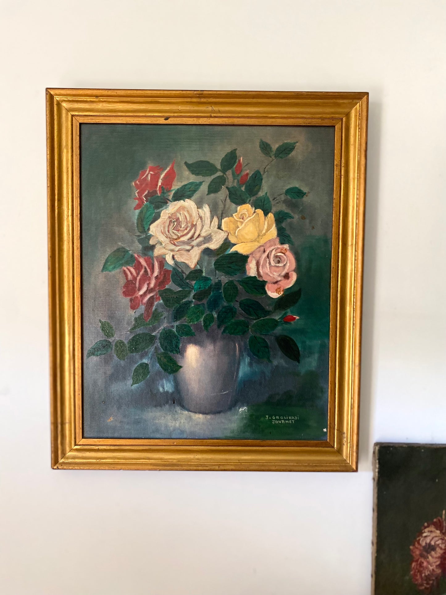 Tableau Ancien "Nature Morte aux Roses" – 1950