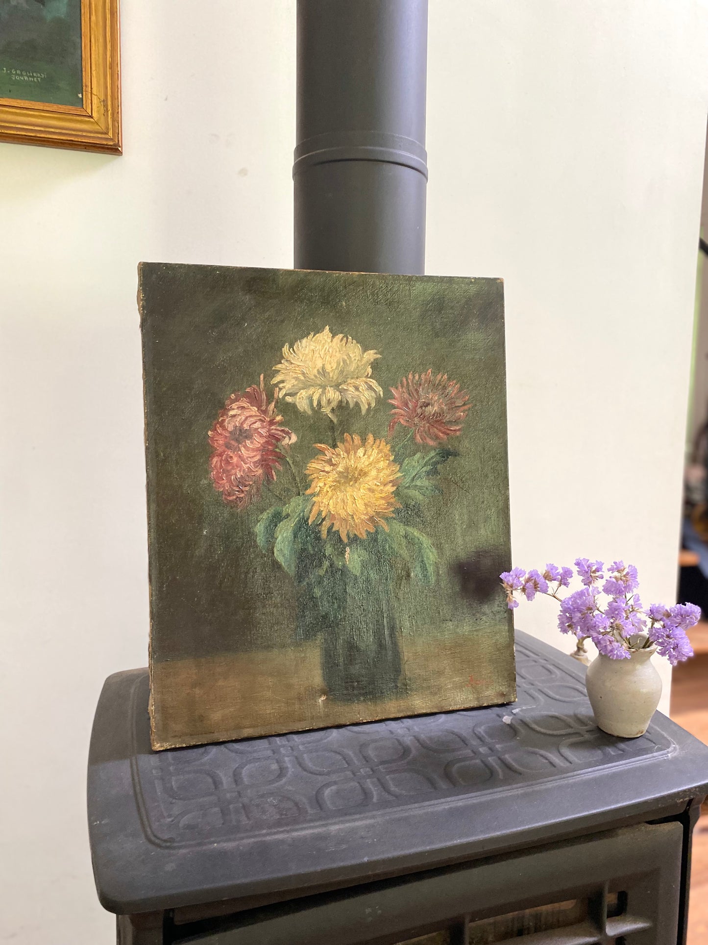 Brontie - Peinture Ancienne Huile sur Toile Fin XIXe – Nature Morte aux Chrysanthèmes
