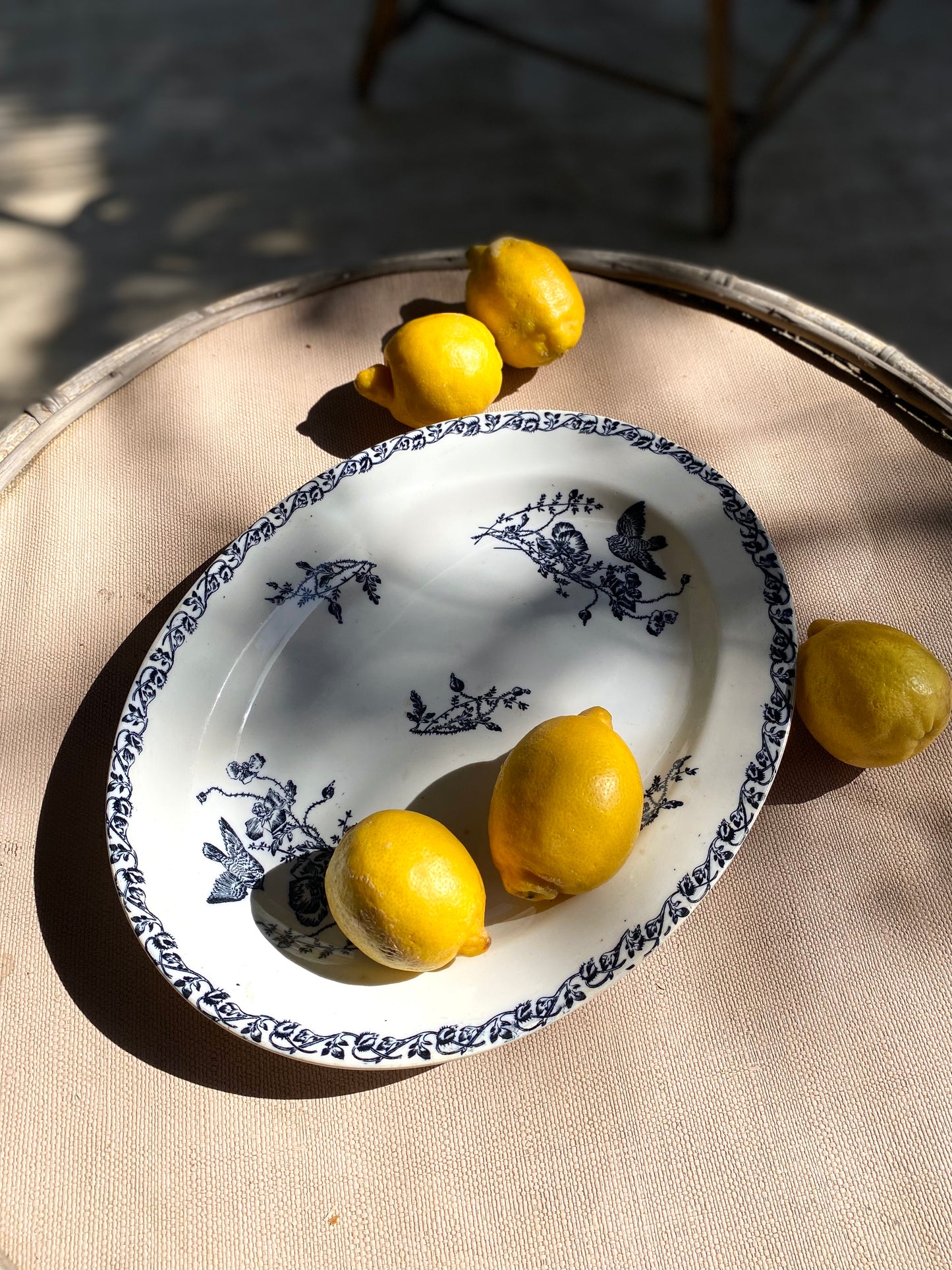 Plat ovale ancien Terre de fer — décor aux oiseaux, bleu et blanc