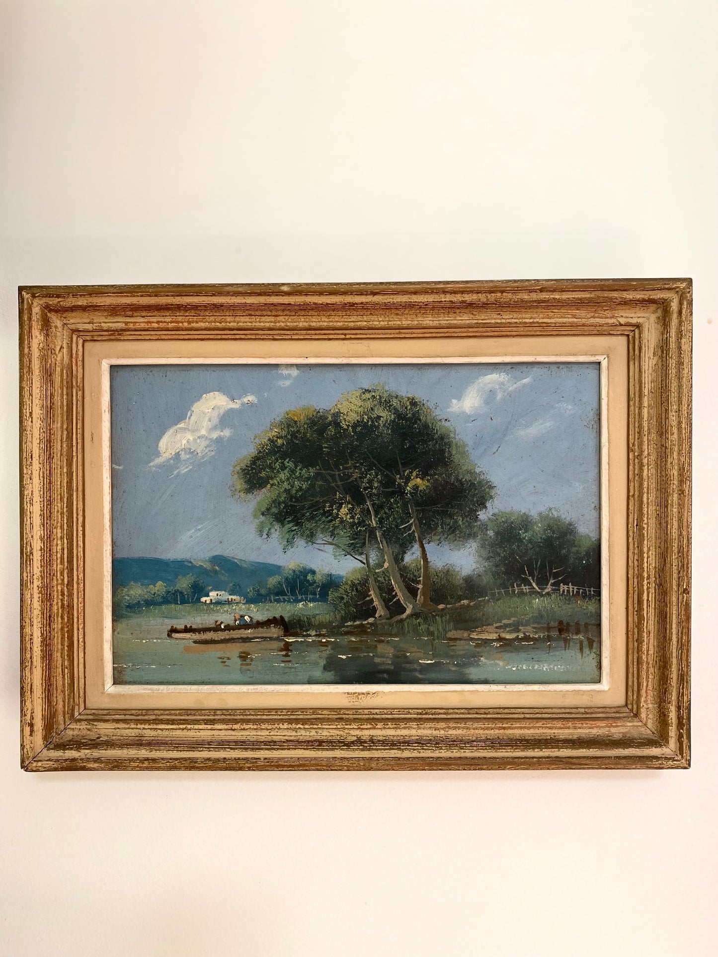 Tableau ancien : Paysage au bord de l'eau - Huile sur panneau