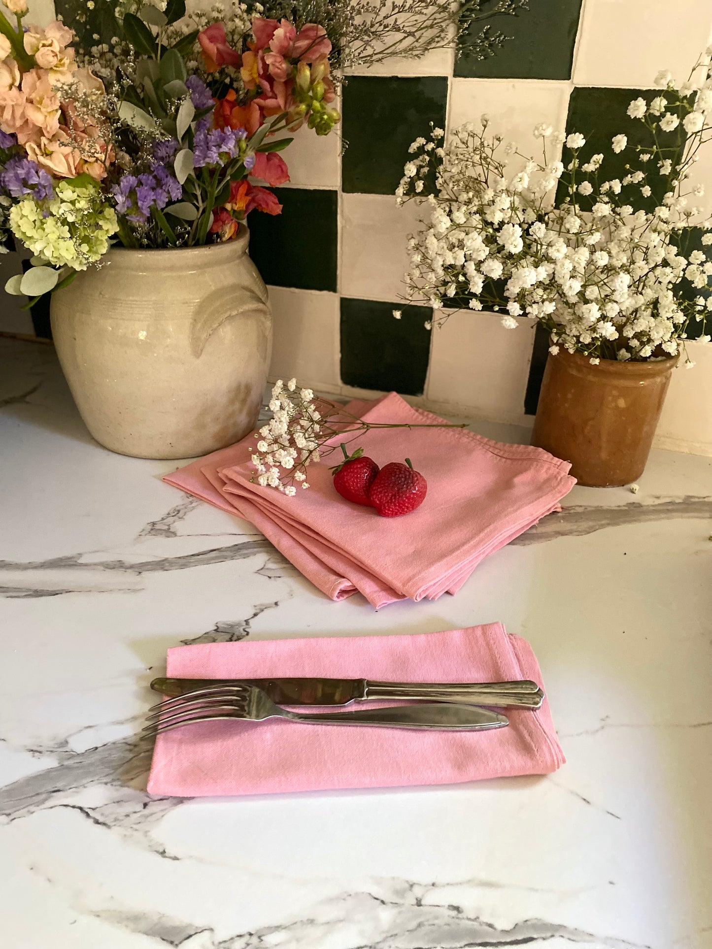 Lot de 8 Serviettes de Table "Rose Poudré" en coton ancien